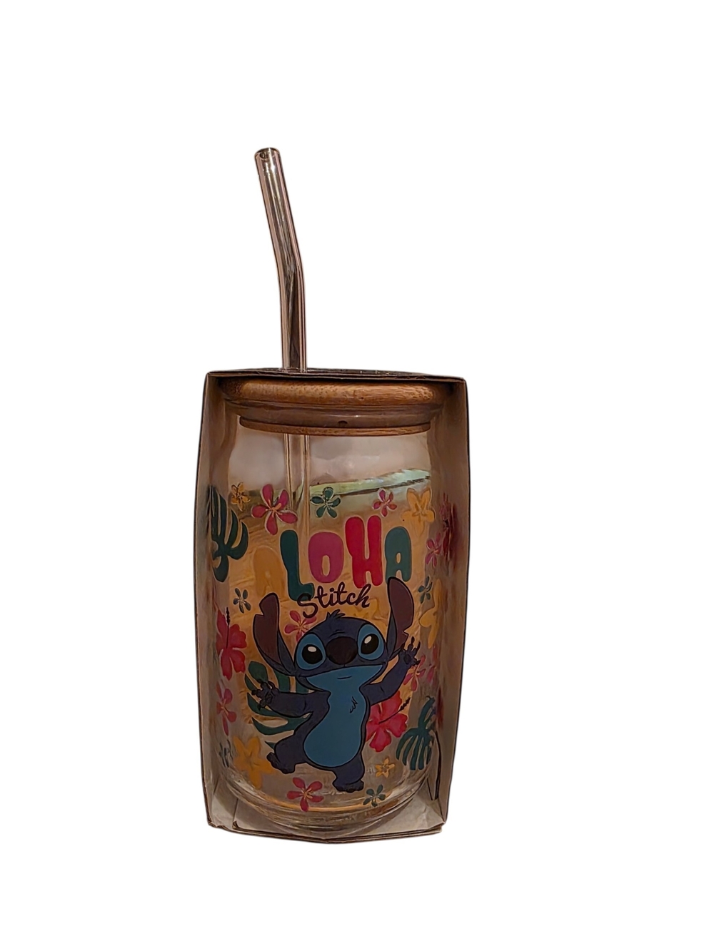 Stitch 'Aloha' Floral Glass Tumbler with Straw - Brown